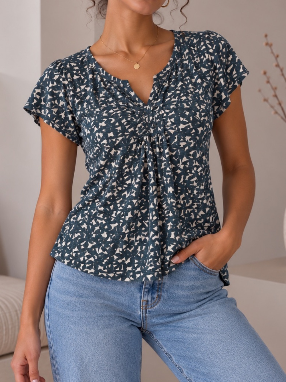 Columbia Blue & White Patterned Button-Front Top